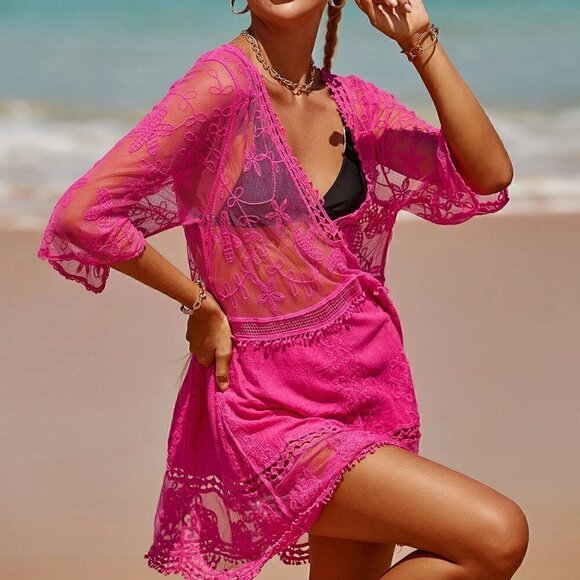 Pink Boho Womens Contrast Lace Plunging Cover Up - Picture 5 of 5
